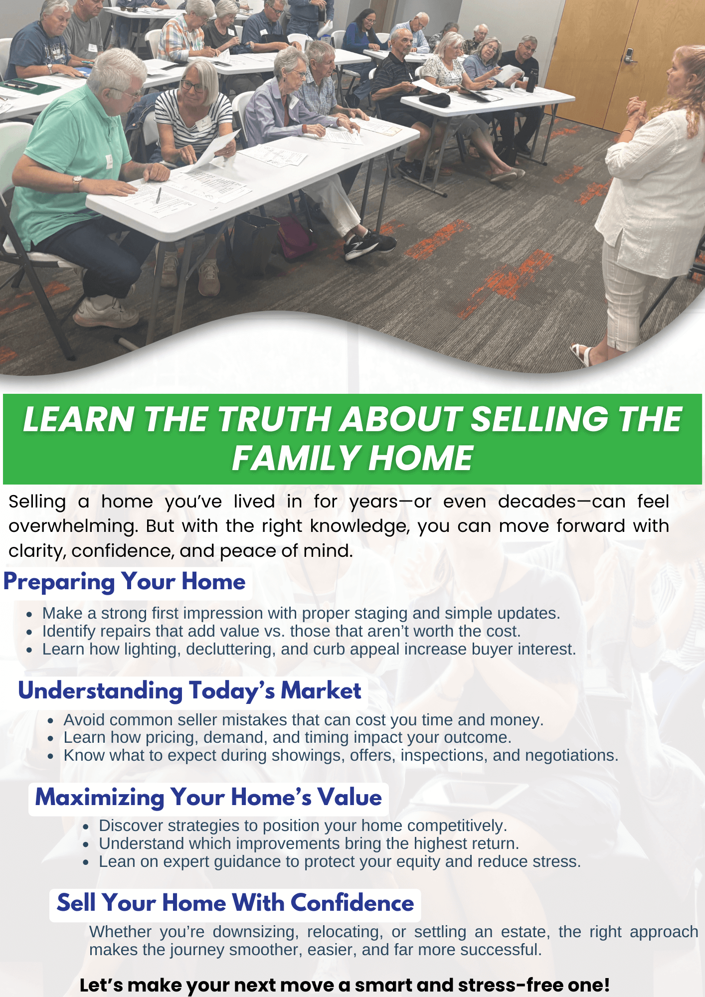 lifelong learning for seniors seminar flyer titled LEARN THE TRUTH ABOUT SELLING THE FAMILY HOME