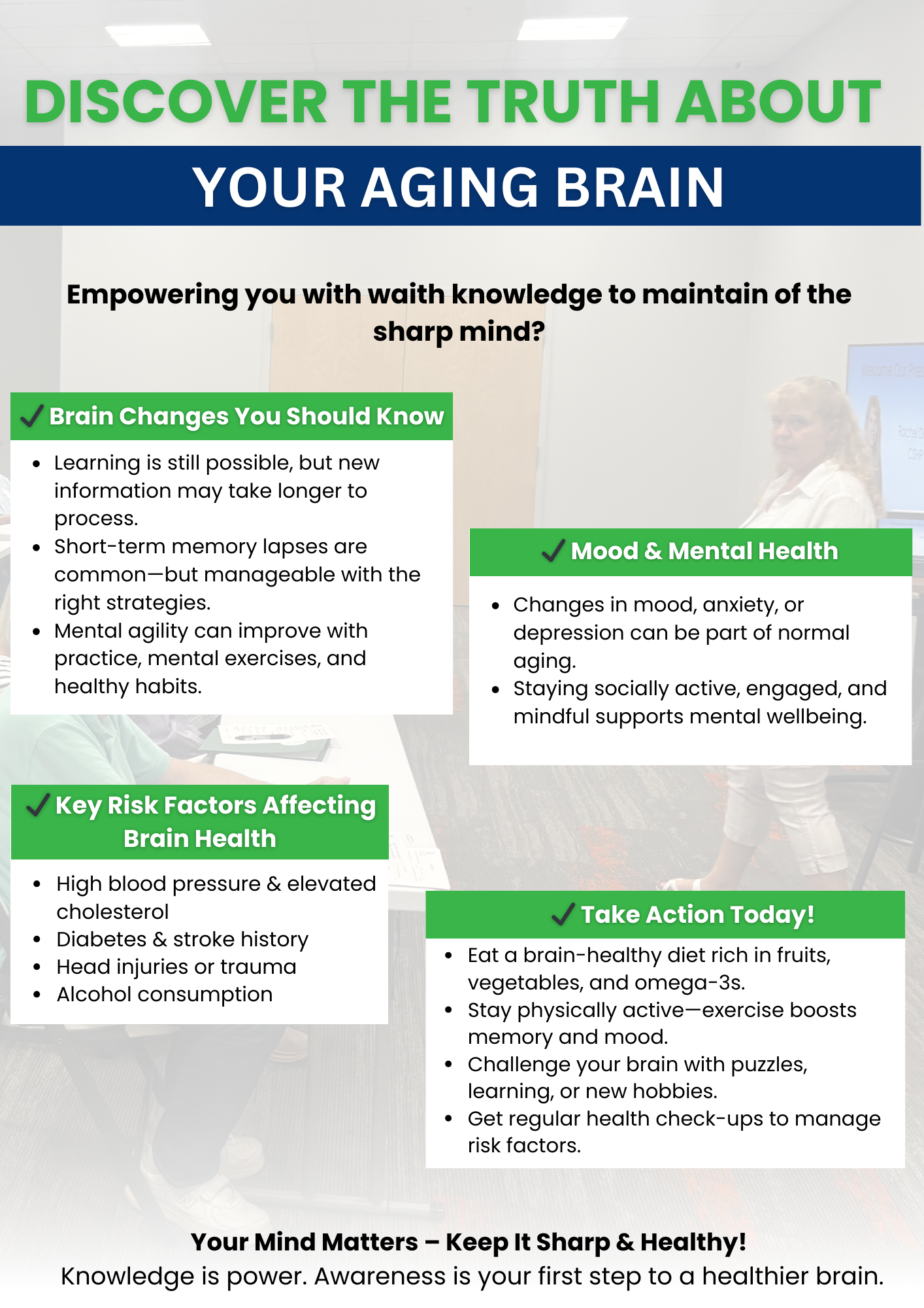 older adult learning class flyer titled LEARN THE TRUTH ABOUT YOUR AGING BRAIN