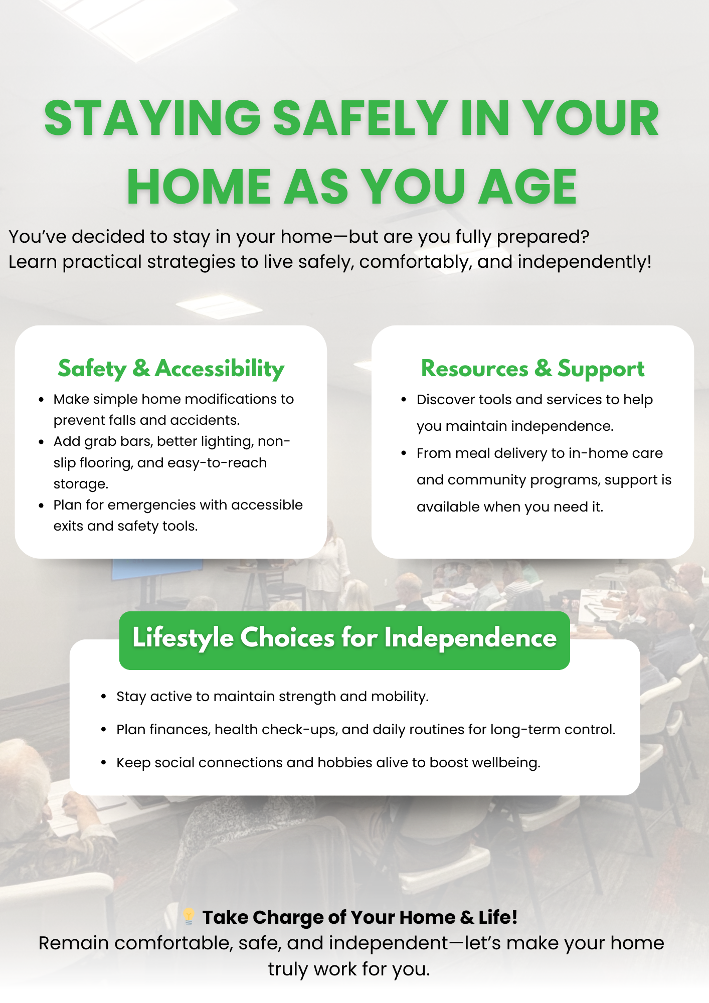 Senior education seminar flyer on Staying safely in your home as you age