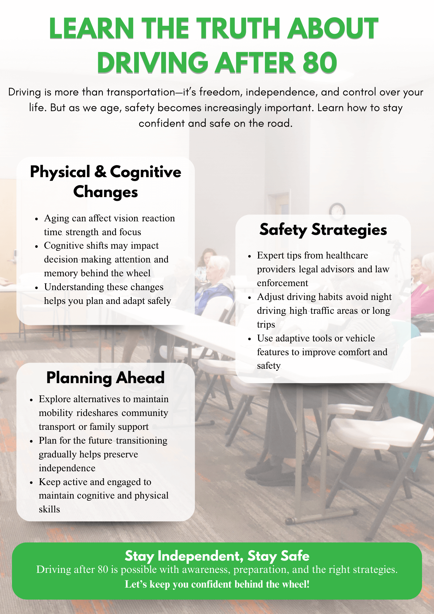 senior education program flyer titled LEARN THE TRUTH ABOUT DRIVING AFTER 80