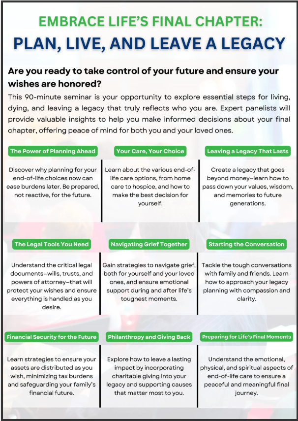 lifelong learning for seniors event flyer titled LEARN THE TRUTH ABOUT LEAVING A LEGACY